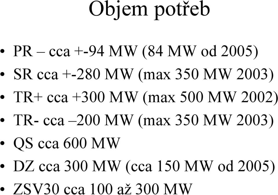 2002) TR- cca 200 MW (max 350 MW 2003) QS cca 600 MW