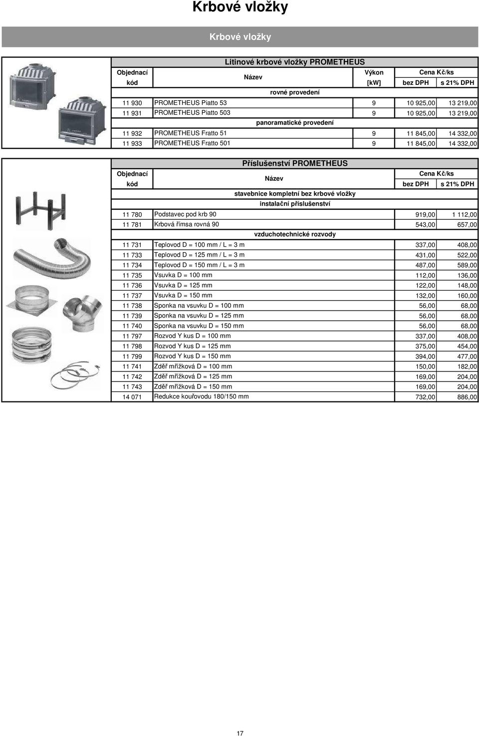 vložky instalační příslušenství 11 780 Podstavec pod krb 90 919,00 1 112,00 11 781 Krbová římsa rovná 90 543,00 657,00 vzduchotechnické rozvody 11 731 Teplovod D = 100 mm / L = 3 m 337,00 408,00 11