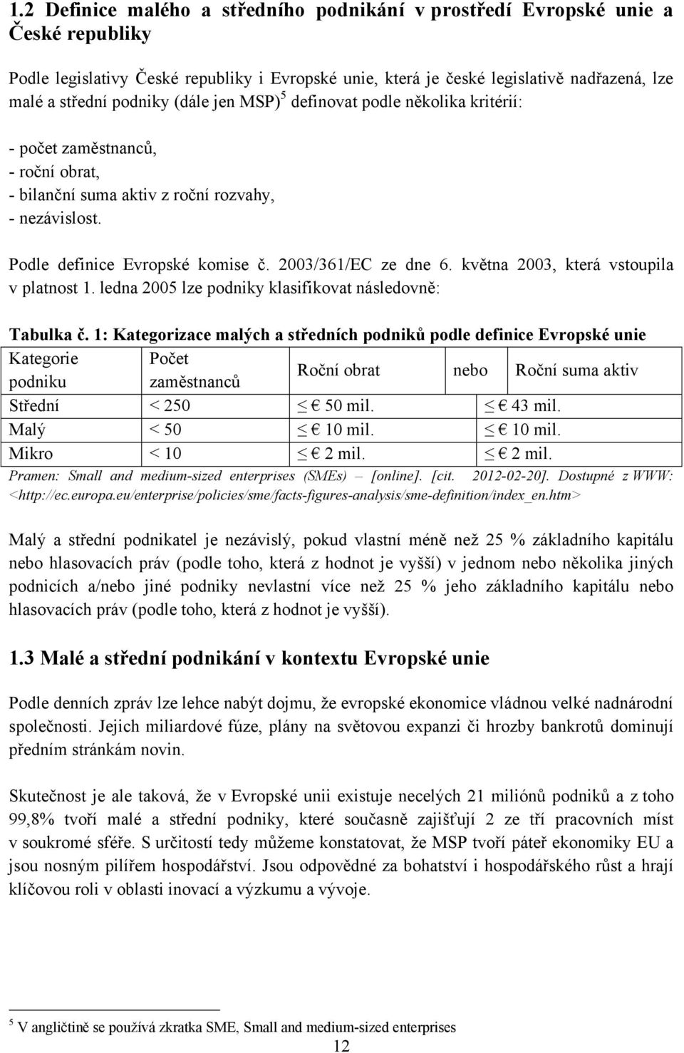 2003/361/EC ze dne 6. května 2003, která vstoupila v platnost 1. ledna 2005 lze podniky klasifikovat následovně: Tabulka č.