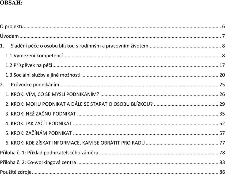 KROK: MOHU PODNIKAT A DÁLE SE STARAT O OSOBU BLÍZKOU?... 29 3. KROK: NEŽ ZAČNU PODNIKAT... 35 4. KROK: JAK ZAČÍT PODNIKAT... 52 5.