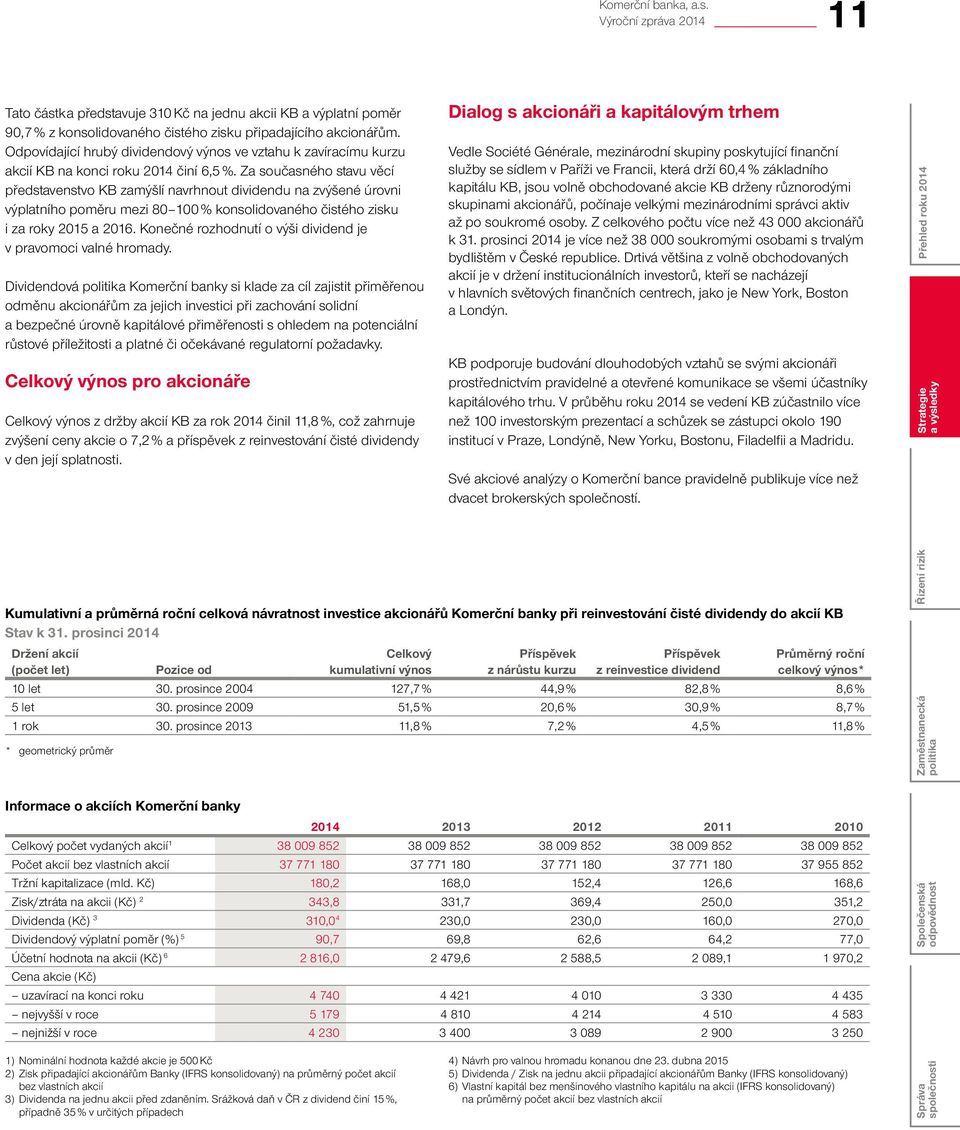 Za současného stavu věcí představenstvo KB zamýšlí navrhnout dividendu na zvýšené úrovni výplatního poměru mezi 80 100 % konsolidovaného čistého zisku i za roky 2015 a 2016.