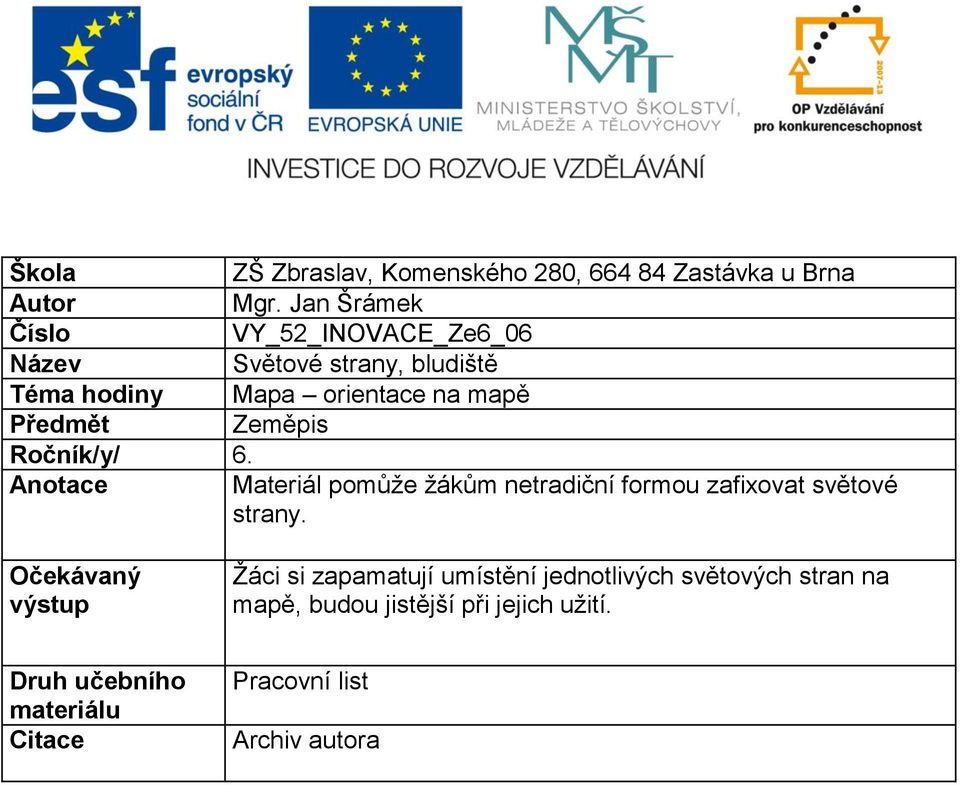 Zeměpis Ročník/y/ 6. Anotace Materiál pomůže žákům netradiční formou zafixovat světové strany.