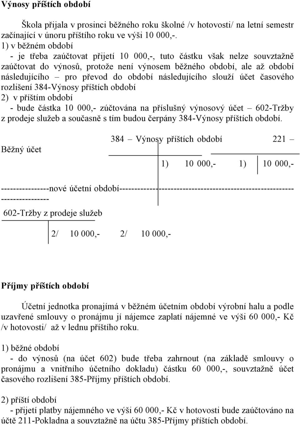 následujícího slouží účet časového rozlišení 384-Výnosy příštích období 2) v příštím období - bude částka 10 000,- zúčtována na příslušný výnosový účet 602-Tržby z prodeje služeb a současně s tím