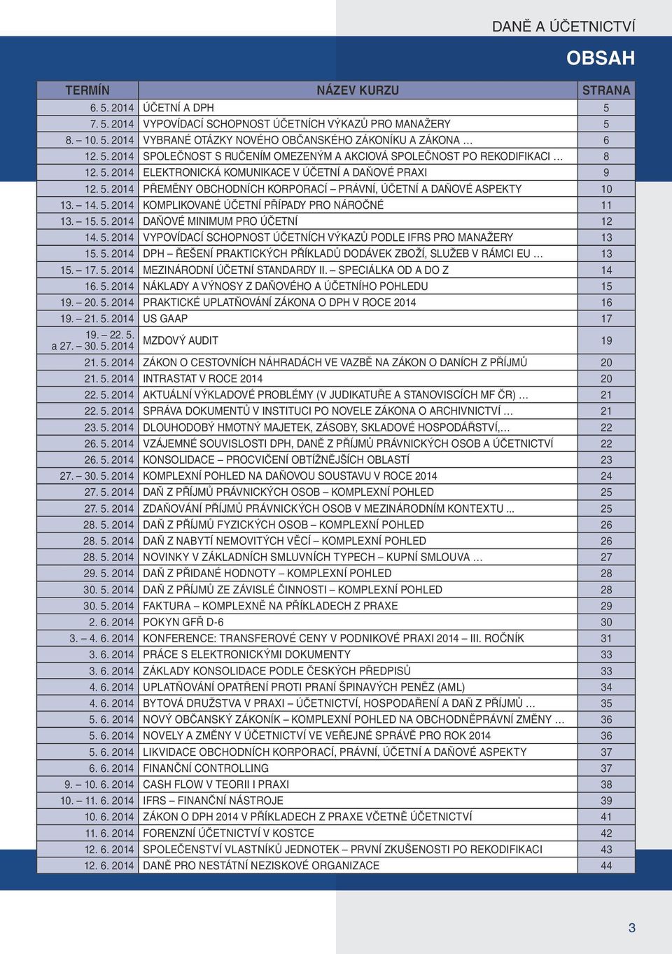 14. 5. 2014 KOMPLIKOVANÉ ÚČETNÍ PŘÍPADY PRO NÁROČNÉ 11 13. 15. 5. 2014 DAŇOVÉ MINIMUM PRO ÚČETNÍ 12 14. 5. 2014 VYPOVÍDACÍ SCHOPNOST ÚČETNÍCH VÝKAZŮ PODLE IFRS PRO MANAŽERY 13 15. 5. 2014 DPH ŘEŠENÍ PRAKTICKÝCH PŘÍKLADŮ DODÁVEK ZBOŽÍ, SLUŽEB V RÁMCI EU 13 15.