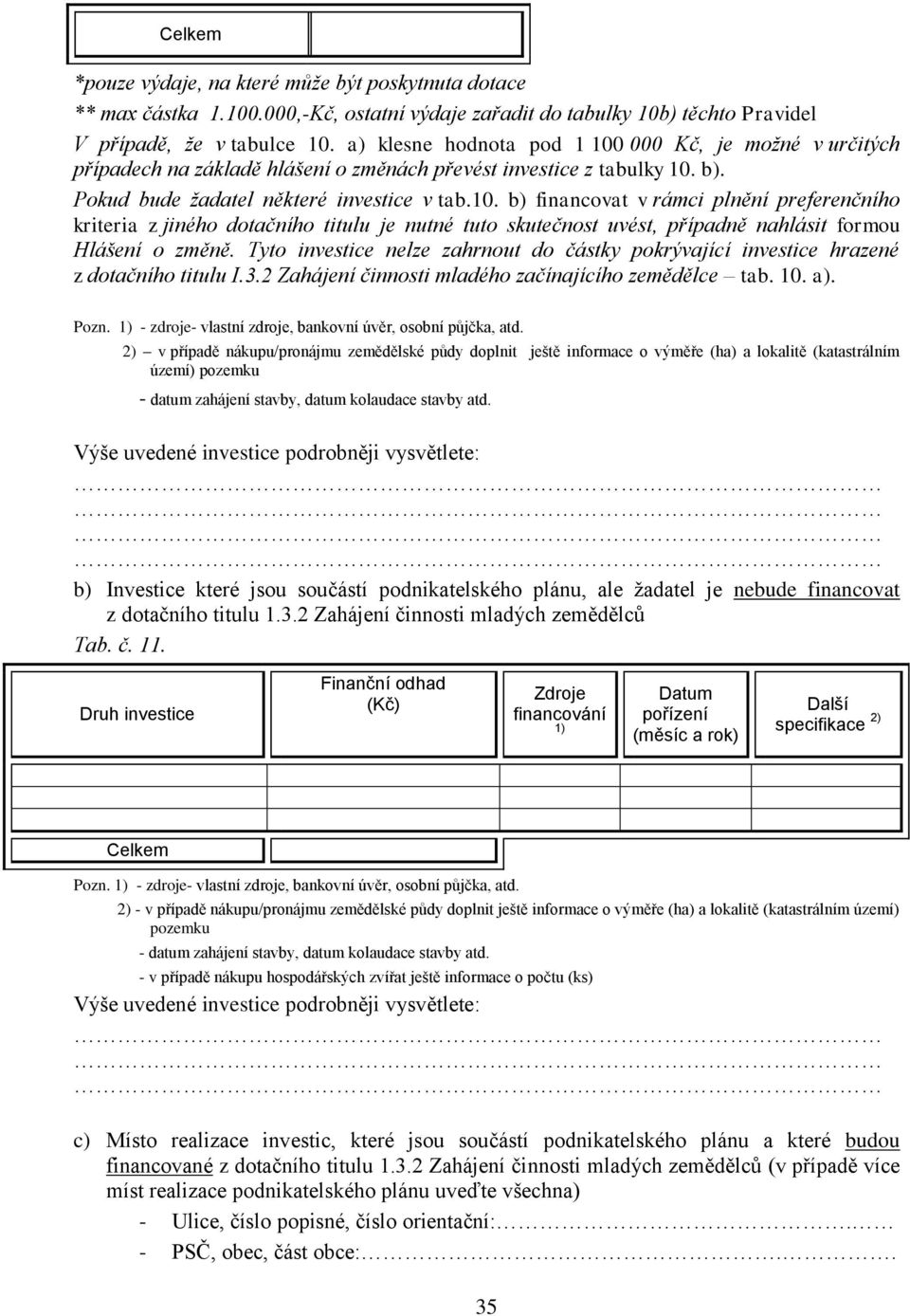 Tyto investice nelze zahrnout do částky pokrývající investice hrazené z dotačního titulu I.3.2 Zahájení činnosti mladého začínajícího zemědělce tab. 10. a). Pozn.