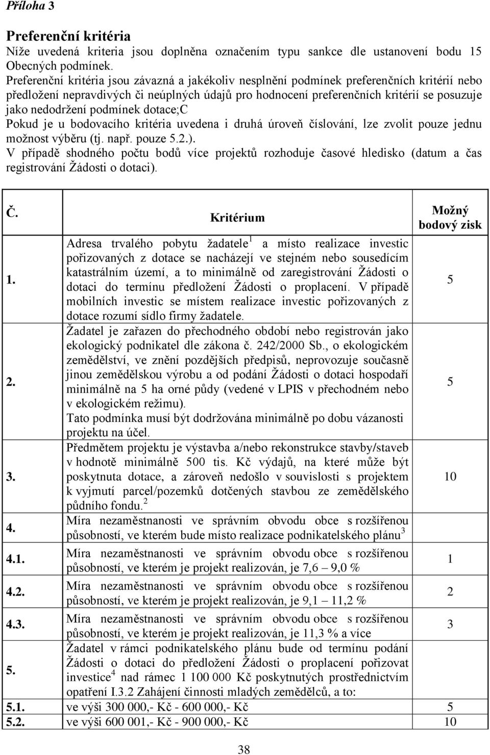 nedodrţení podmínek dotace;c Pokud je u bodovacího kritéria uvedena i druhá úroveň číslování, lze zvolit pouze jednu moţnost výběru (tj. např. pouze 5.2.).