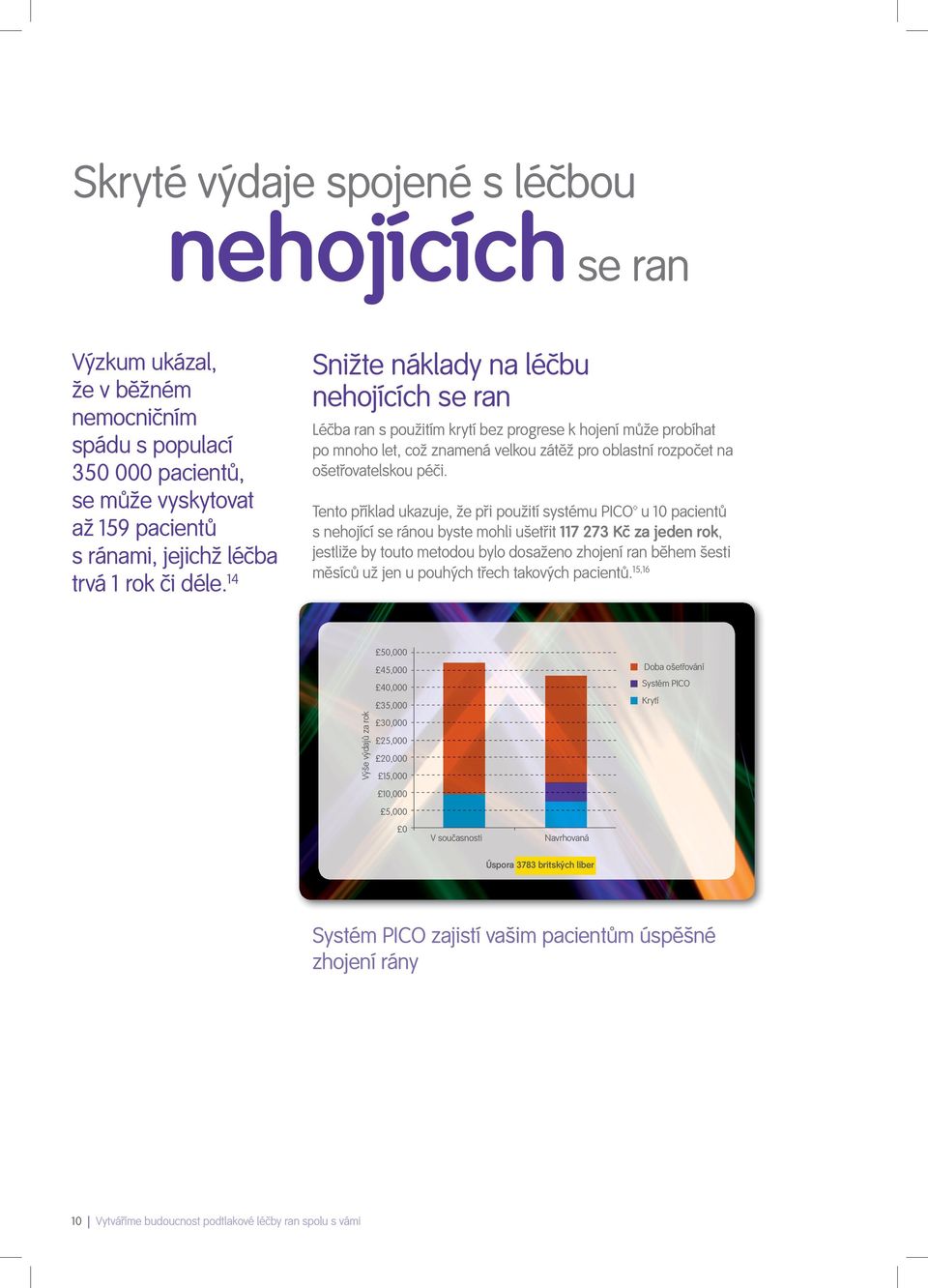 Tento příklad ukazuje, že při použití systému PICO u 10 pacientů s nehojící se ránou byste mohli ušetřit 117 273 Kč za jeden rok, jestliže by touto metodou bylo dosaženo zhojení ran během šesti