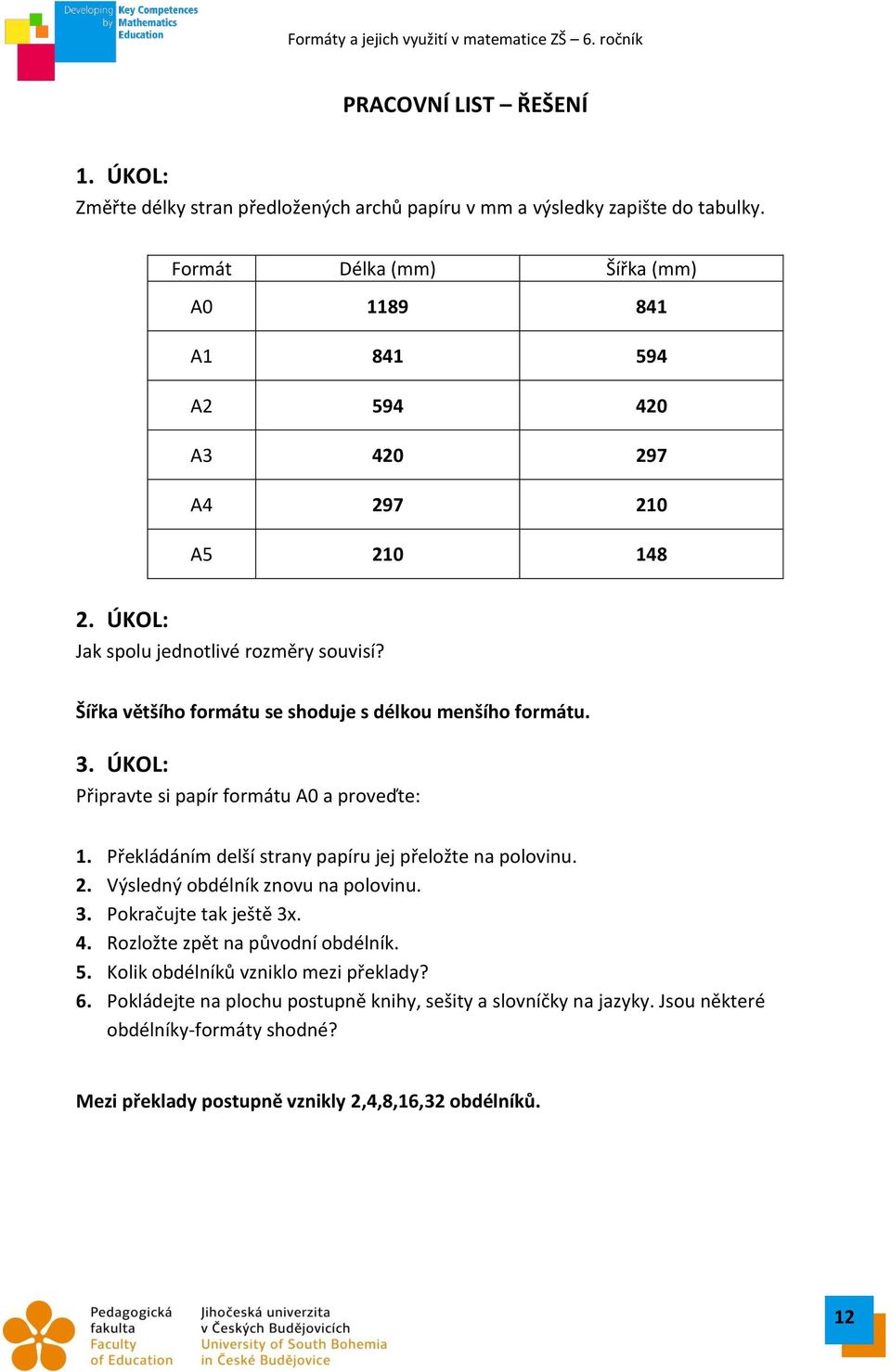 Šířka většího formátu se shoduje s délkou menšího formátu. 3. ÚKOL: Připravte si papír formátu A0 a proveďte: 1. Překládáním delší strany papíru jej přeložte na polovinu. 2.