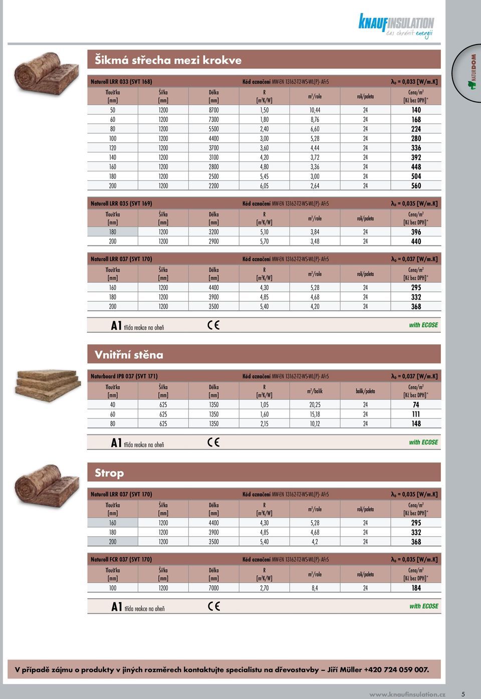 2800 4,80 3,36 24 448 180 1200 2500 5,45 3,00 24 504 200 1200 2200 6,05 2,64 24 560 Naturoll L 035 (SVT 169) Kód označení MW-EN 13162-T2-WS-WL(P)- AFr5 λ D = 0,035 [W/m.