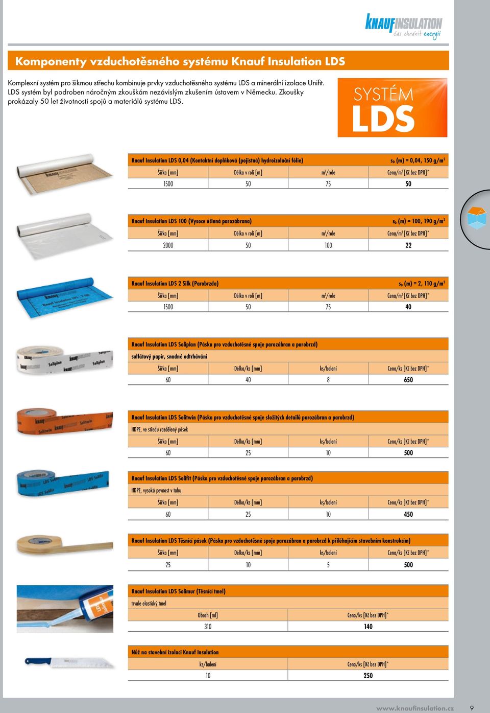 Knauf Insulation LDS 0,04 (Kontaktní doplňková (pojistná) hydroizolační fólie) s D (m) = 0,04, 150 g/m 2 v roli [m] 1500 50 75 50 Knauf Insulation LDS 100 (Vysoce účinná parozábrana) s D (m) = 100,