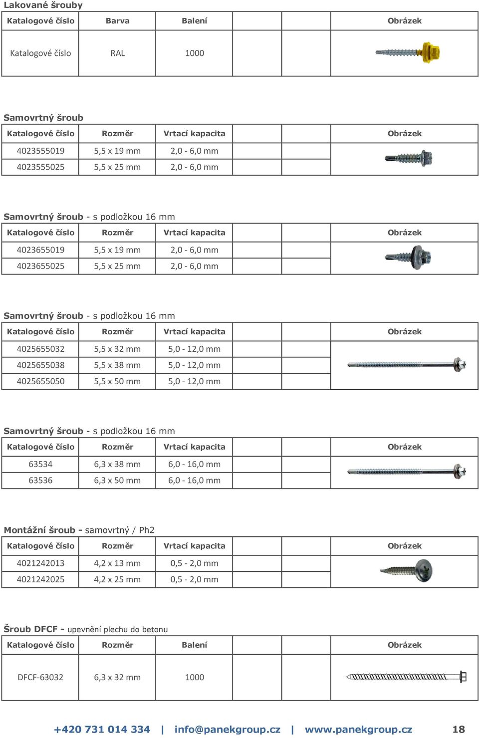 Rozměr Vrtací kapacita 4025655032 5,5 x 32 mm 5,0-12,0 mm 4025655038 5,5 x 38 mm 5,0-12,0 mm 4025655050 5,5 x 50 mm 5,0-12,0 mm Samovrtný šroub - s podložkou 16 mm Katalogové číslo Rozměr Vrtací