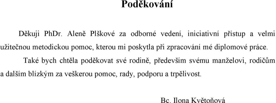 metodickou pomoc, kterou mi poskytla při zpracování mé diplomové práce.