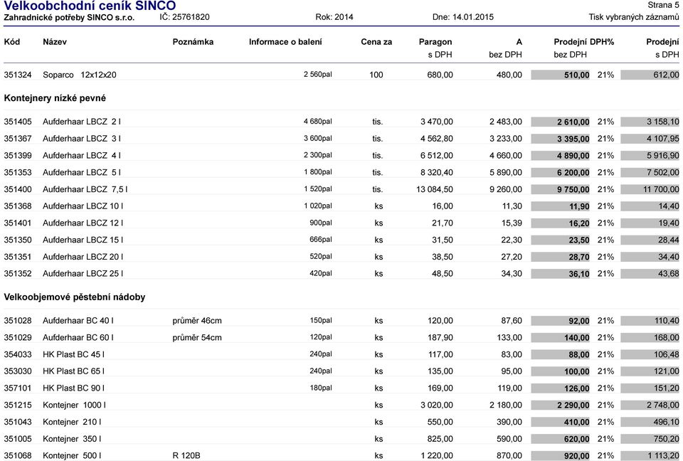 6 512,00 4 660,00 4 890,00 21% 351353 ufderhaar LBCZ 5 l 1 800pal tis. 8 320,40 5 890,00 6 200,00 21% 351400 ufderhaar LBCZ 7,5 l 1 520pal tis.