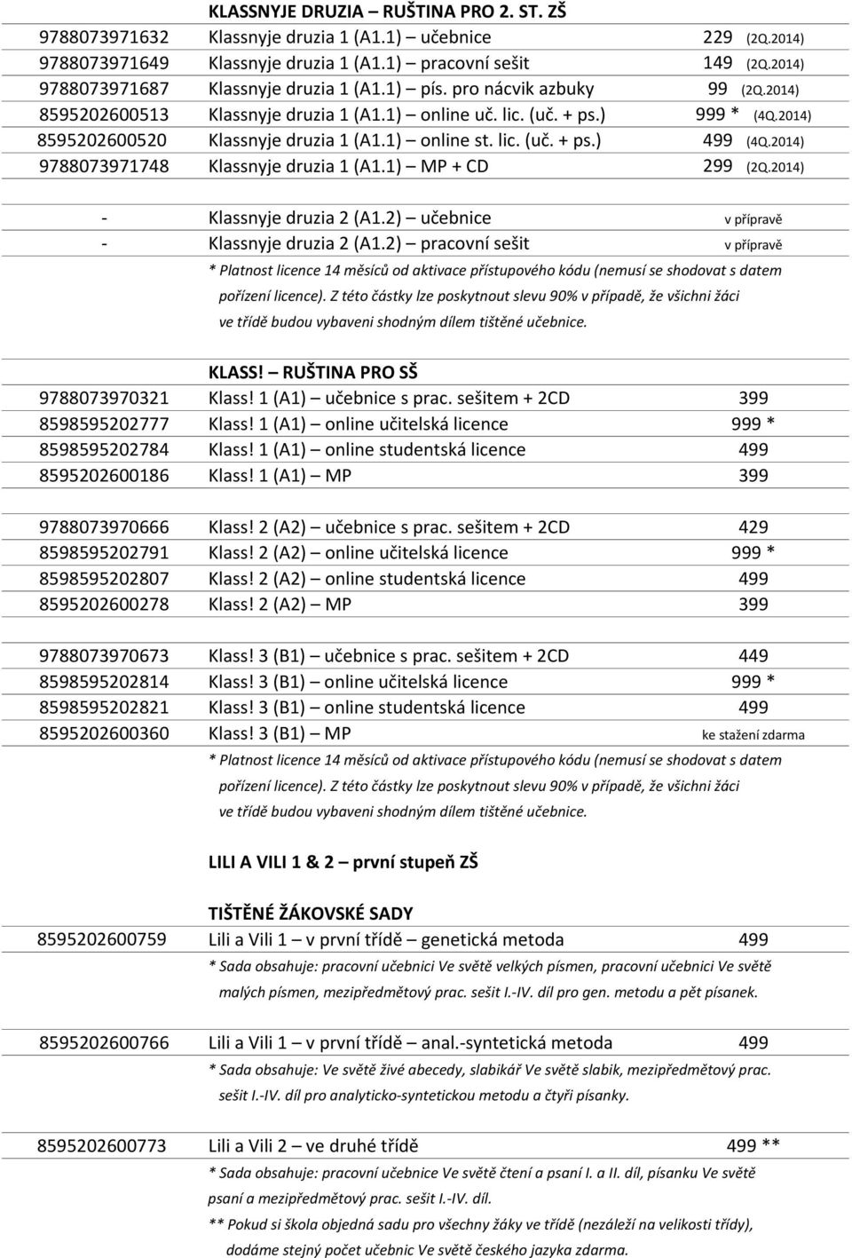 2014) 8595202600520 Klassnyje druzia 1 (A1.1) online st. lic. (uč. + ps.) 499 (4Q.2014) 9788073971748 Klassnyje druzia 1 (A1.1) MP + CD 299 (2Q.2014) - Klassnyje druzia 2 (A1.