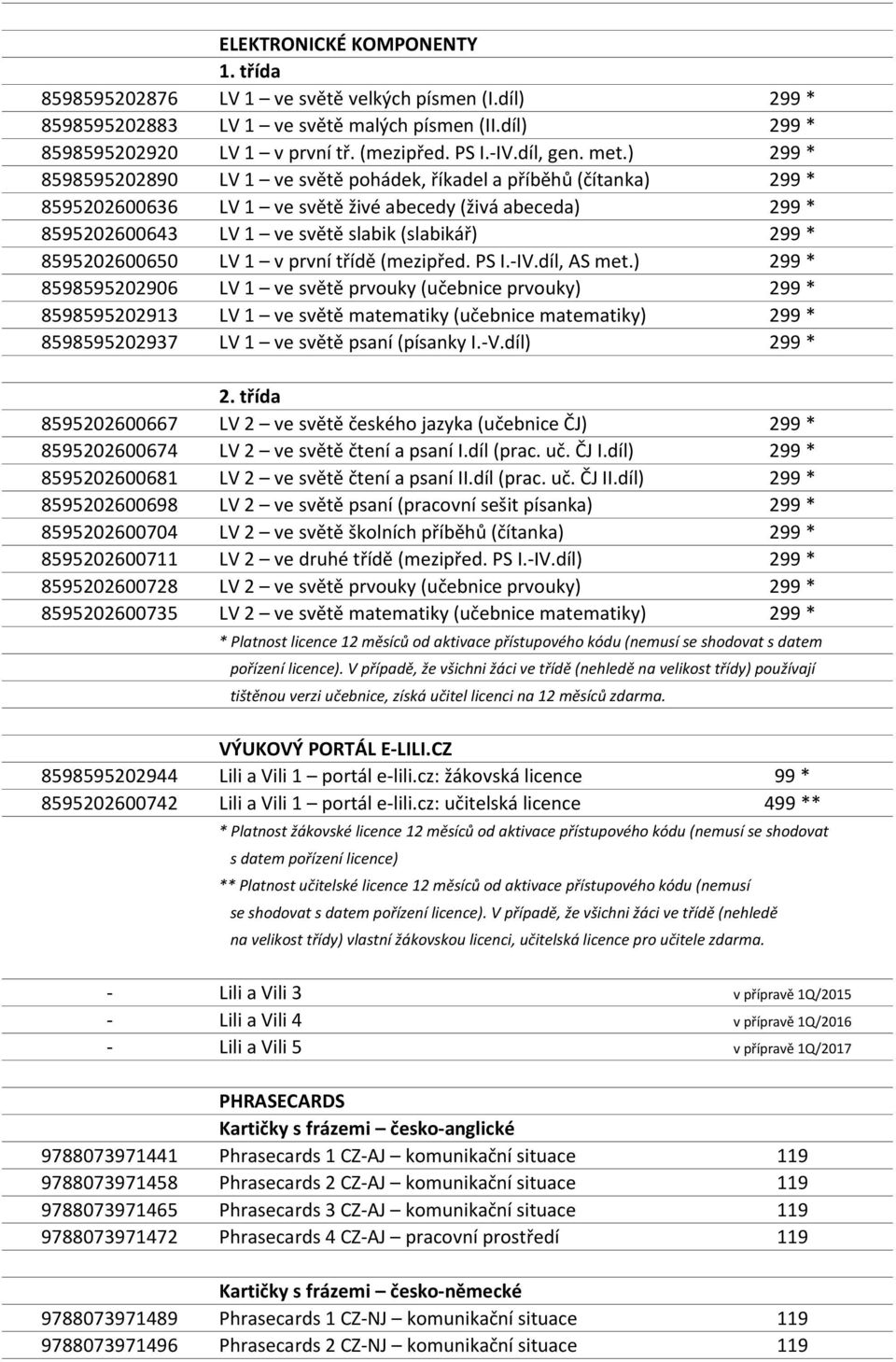 ) 299 * 8598595202890 LV 1 ve světě pohádek, říkadel a příběhů (čítanka) 299 * 8595202600636 LV 1 ve světě živé abecedy (živá abeceda) 299 * 8595202600643 LV 1 ve světě slabik (slabikář) 299 *