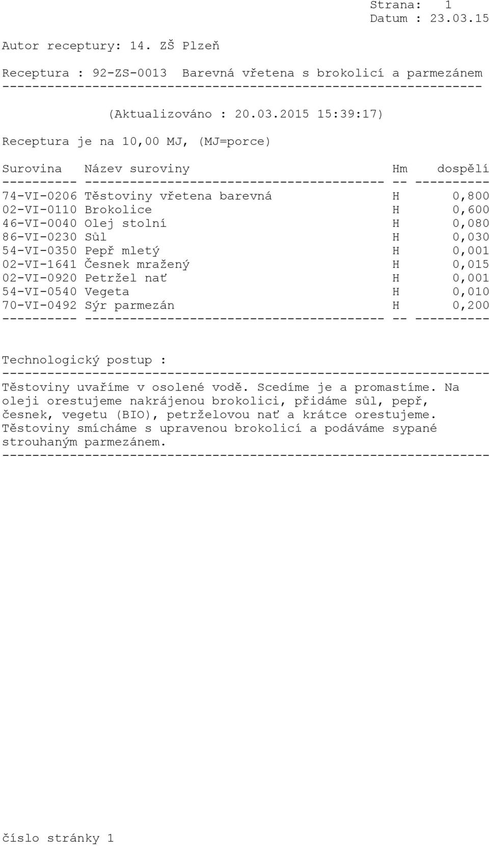 Těstoviny vřetena barevná H 0,800 02-VI-0110 Brokolice H 0,600 46-VI-0040 Olej stolní H 0,080 86-VI-0230 Sůl H 0,030 54-VI-0350 Pepř mletý H 0,001 02-VI-1641 Česnek mražený H 0,015