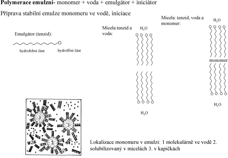 tenzid, voda a monomer: H 2 O hydrofobní část hydrofilní část monomer H 2 O H 2 O