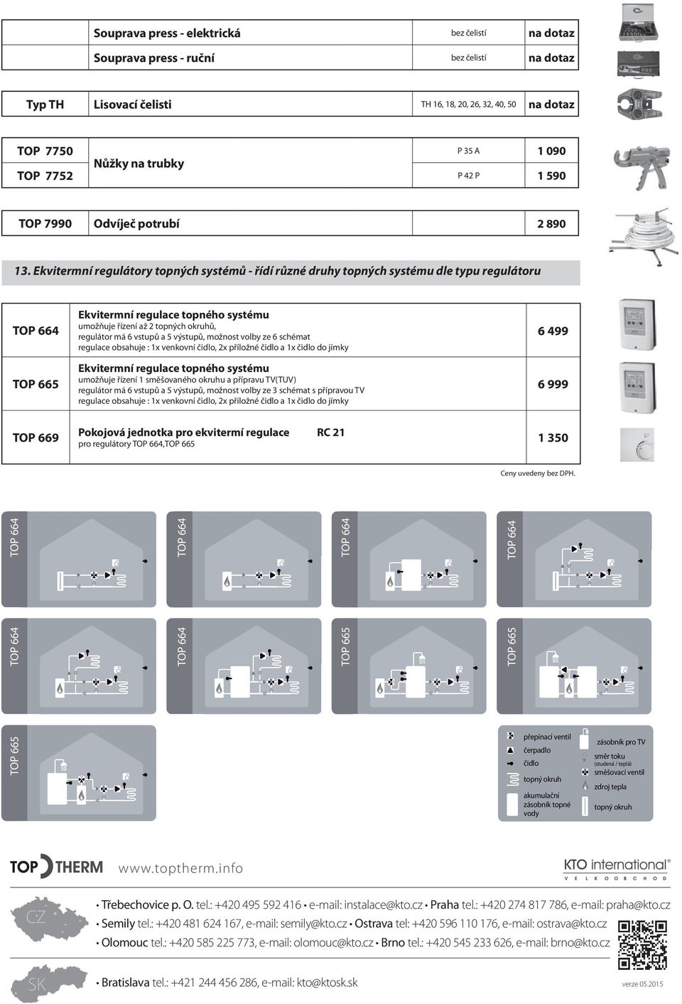 Ekvitermní regulátory topných systémů - řídí různé druhy topných systému dle typu regulátoru TOP 665 Ekvitermní regulace topného systému umožňuje řízení až 2 topných okruhů, regulátor má 6 vstupů a 5