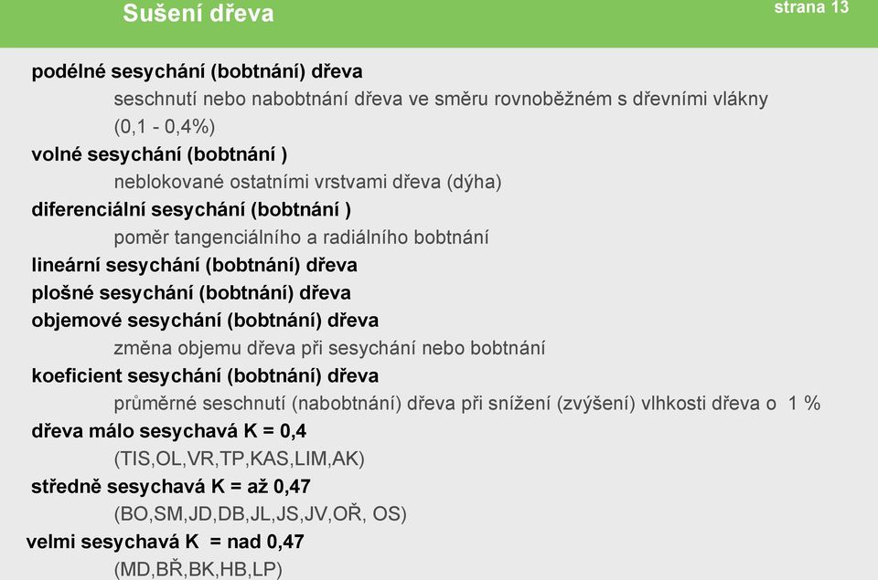 objemové sesychání (bobtnání) dřeva změna objemu dřeva při sesychání nebo bobtnání koeficient sesychání (bobtnání) dřeva průměrné seschnutí (nabobtnání) dřeva při snížení (zvýšení)