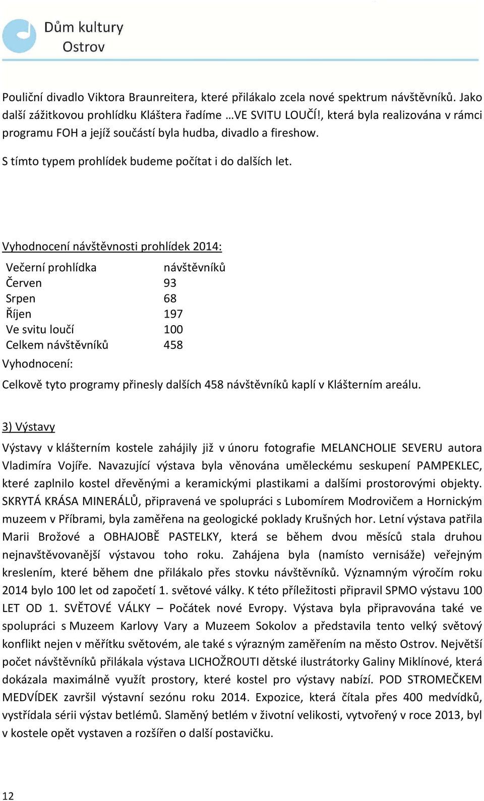 Vyhodnocení návštěvnosti prohlídek 2014: Večerní prohlídka návštěvníků Červen 93 Srpen 68 Říjen 197 Ve svitu loučí 100 Celkem návštěvníků 458 Vyhodnocení: Celkově tyto programy přinesly dalších 458