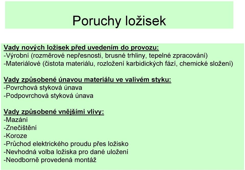 materiálu ve valivém styku: -Povrchová styková únava -Podpovrchová styková únava Vady způsobené vnějšími vlivy: -Mazání