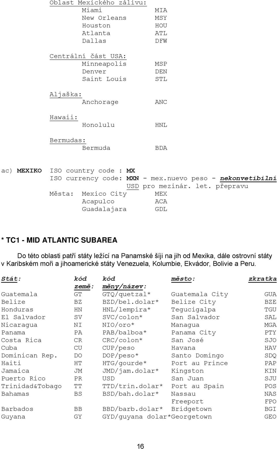 přepravu Města: Mexico City MEX Acapulco ACA Guadalajara GDL * TC1 - MID ATLANTIC SUBAREA Do této oblasti patří státy ležící na Panamské šíji na jih od Mexika, dále ostrovní státy v Karibském moři a