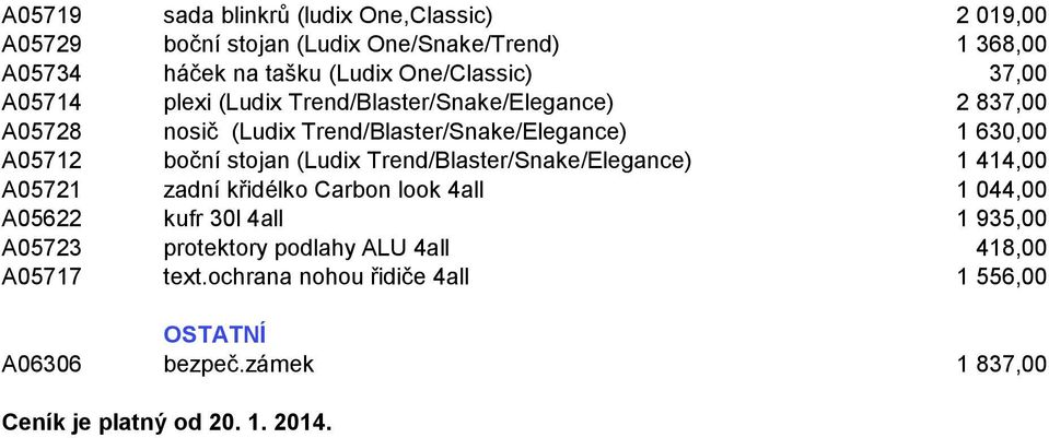 A05712 boční stojan (Ludix Trend/Blaster/Snake/Elegance) 1 414,00 A05721 zadní křidélko Carbon look 4all 1 044,00 A05622 kufr 30l 4all 1