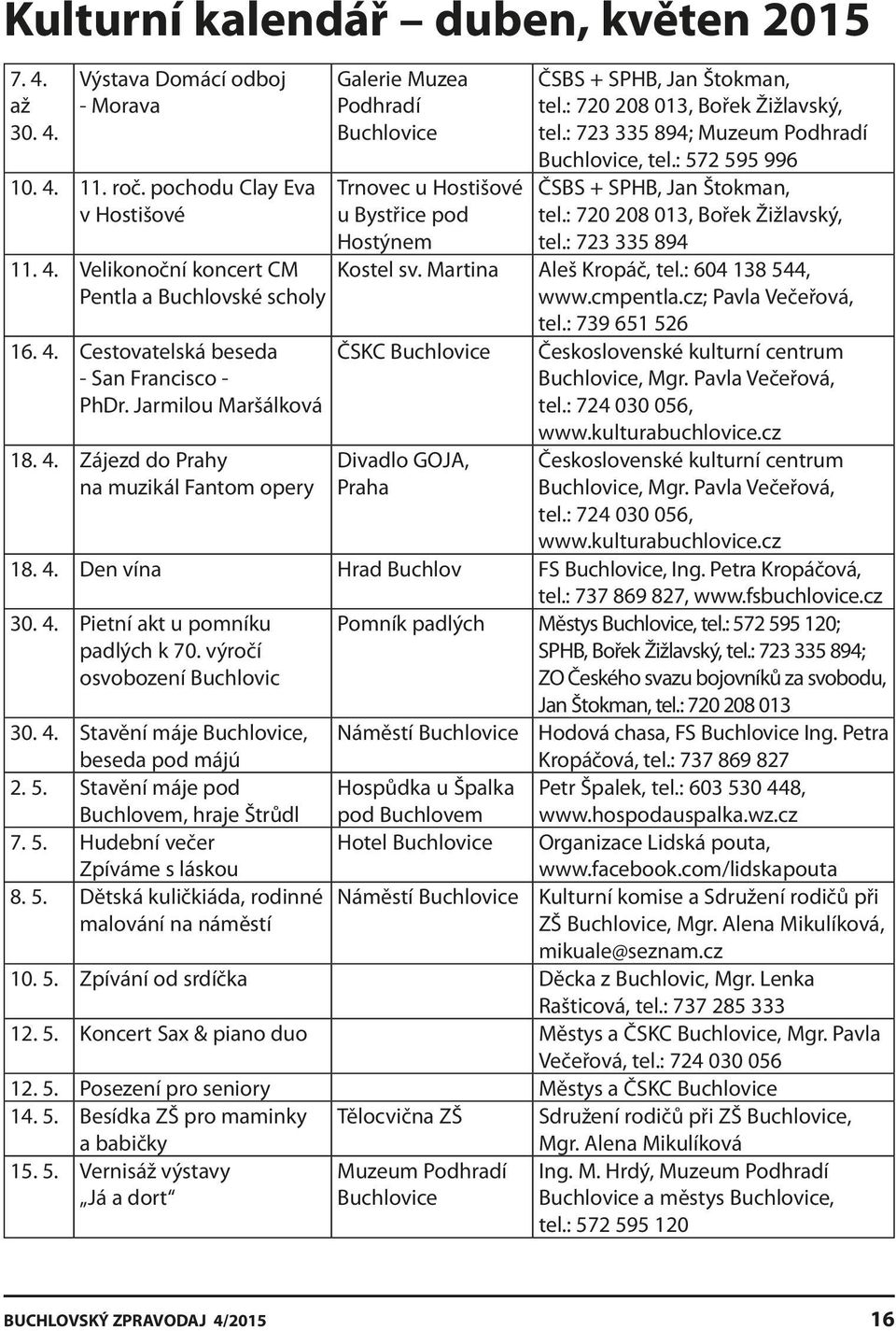: 723 335 894; Muzeum Podhradí Buchlovice, tel.: 572 595 996 ČSBS + SPHB, Jan Štokman, tel.: 720 208 013, Bořek Žižlavský, tel.: 723 335 894 Kostel sv. Martina Aleš Kropáč, tel.: 604 138 544, www.