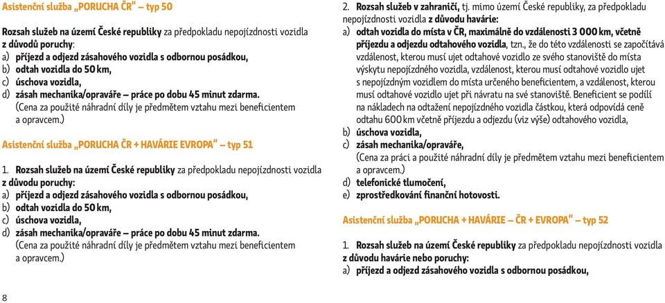 (Cena za použité náhradní díly je předmětem vztahu mezi beneficientem Asistenční služba PORUCHA ČR + HAVÁRIE EVROPA typ 51 1.