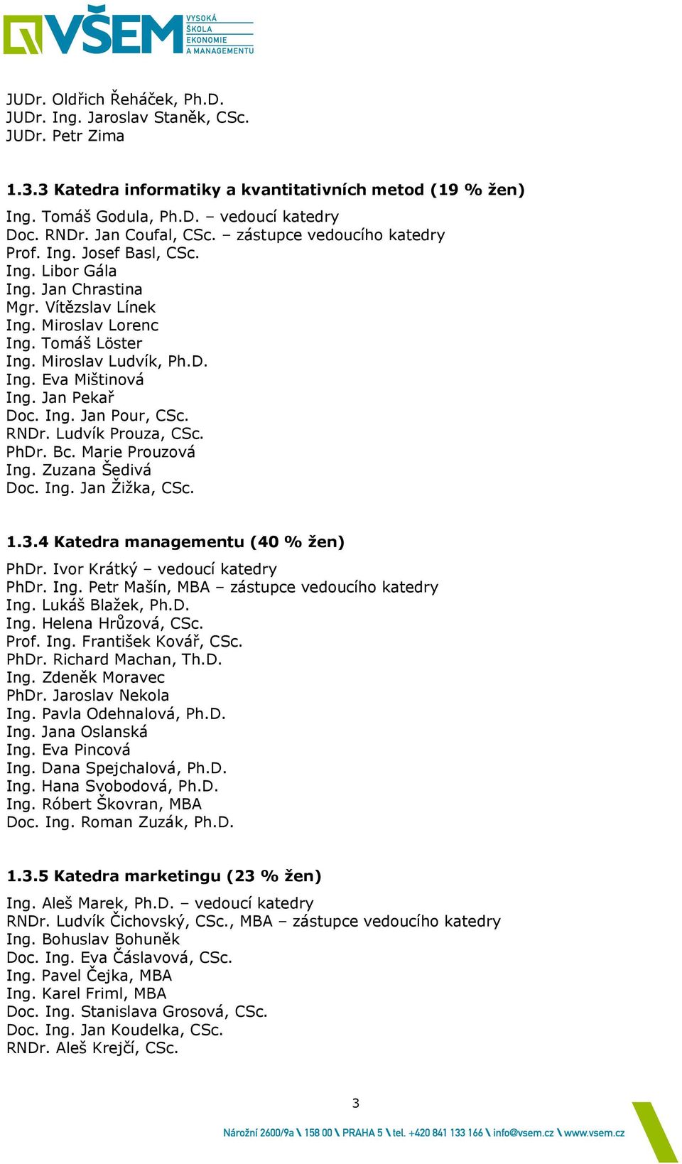 Jan Pekař Doc. Ing. Jan Pour, CSc. RNDr. Ludvík Prouza, CSc. PhDr. Bc. Marie Prouzová Ing. Zuzana Šedivá Doc. Ing. Jan Žižka, CSc. 1.3.4 Katedra managementu (40 % žen) PhDr.