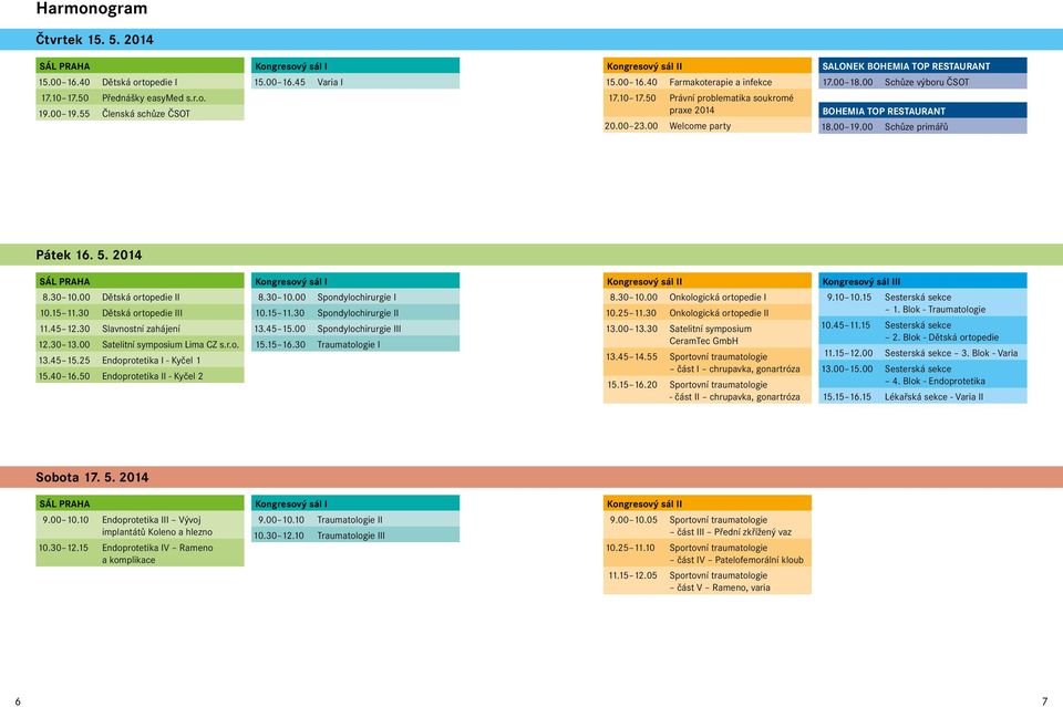 00 19.00 Schůze primářů Pátek 16. 5. 2014 SÁL PRAHA 8.30 10.00 Dětská ortopedie II 10.15 11.30 Dětská ortopedie III 11.45 12.30 Slavnostní zahájení 12.30 13.00 Satelitní symposium Lima CZ s.r.o. 13.45 15.