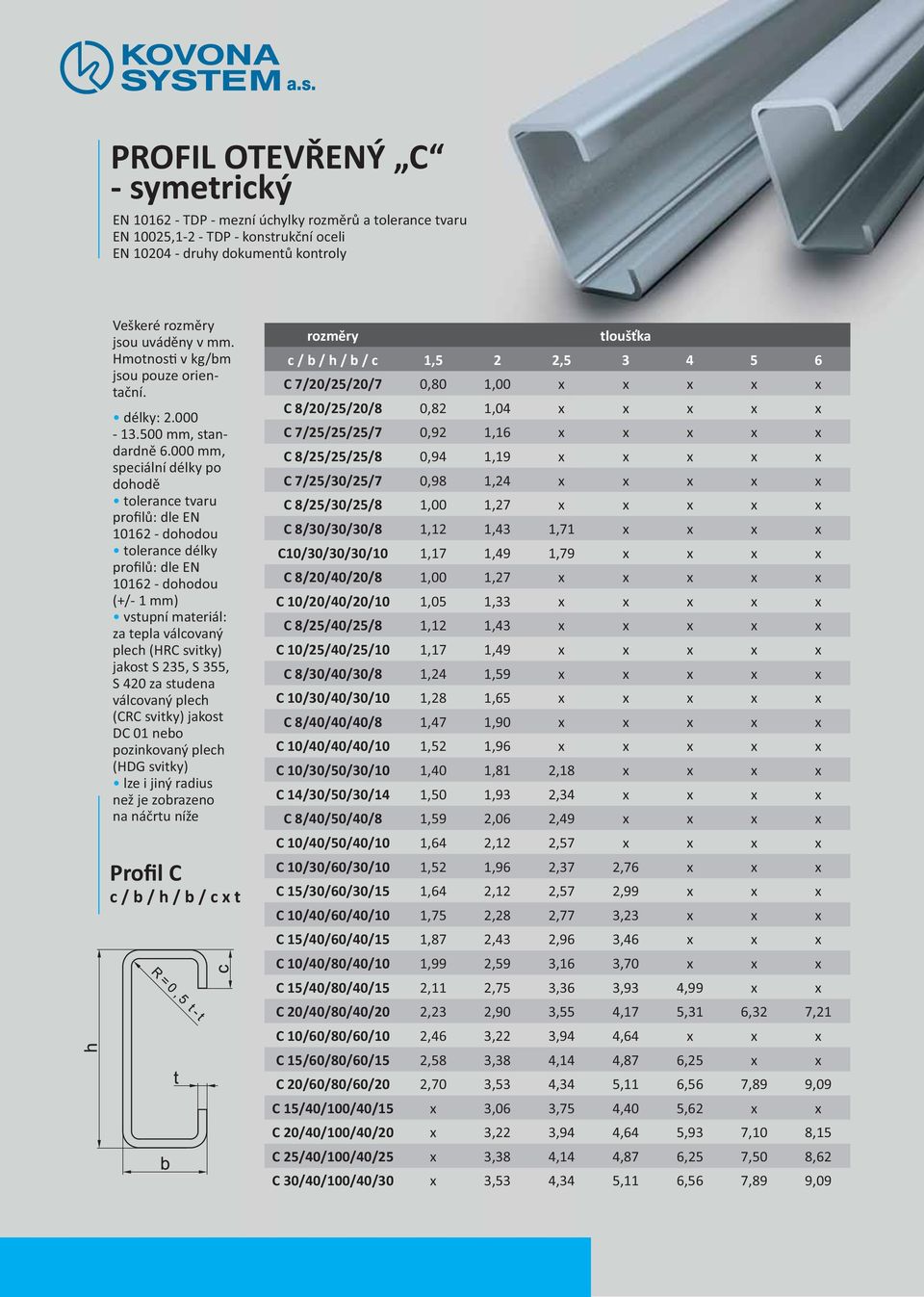 jakost DC 01 nebo pozinkovaný plech (HDG svitky) lze i jiný radius Profil C c / b / h / b / c x t c / b / h / b / c 1,5 2 2,5 3 4 5 6 C 7/20/25/20/7 0,80 1,00 x x x x x C 8/20/25/20/8 0,82 1,04 x x x