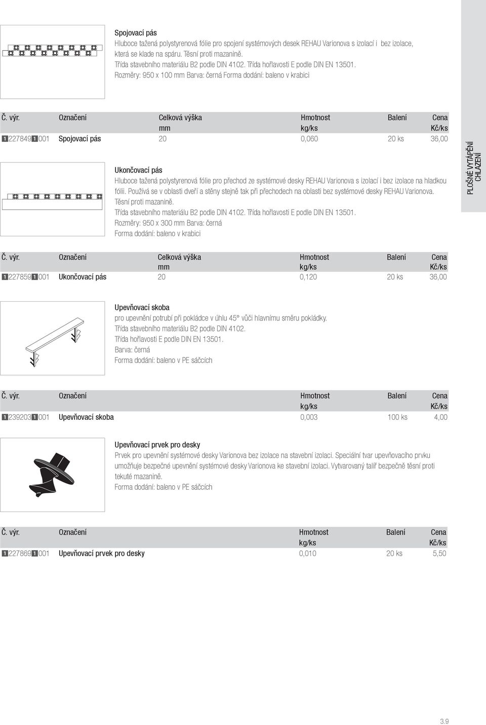 Označení Celková výška Hmotnost Balení Cena mm 12278491001 Spojovací pás 20 0,060 20 ks 36,00 Ukončovací pás Hluboce tažená polystyrenová fólie pro přechod ze systémové desky REHAU Varionova s