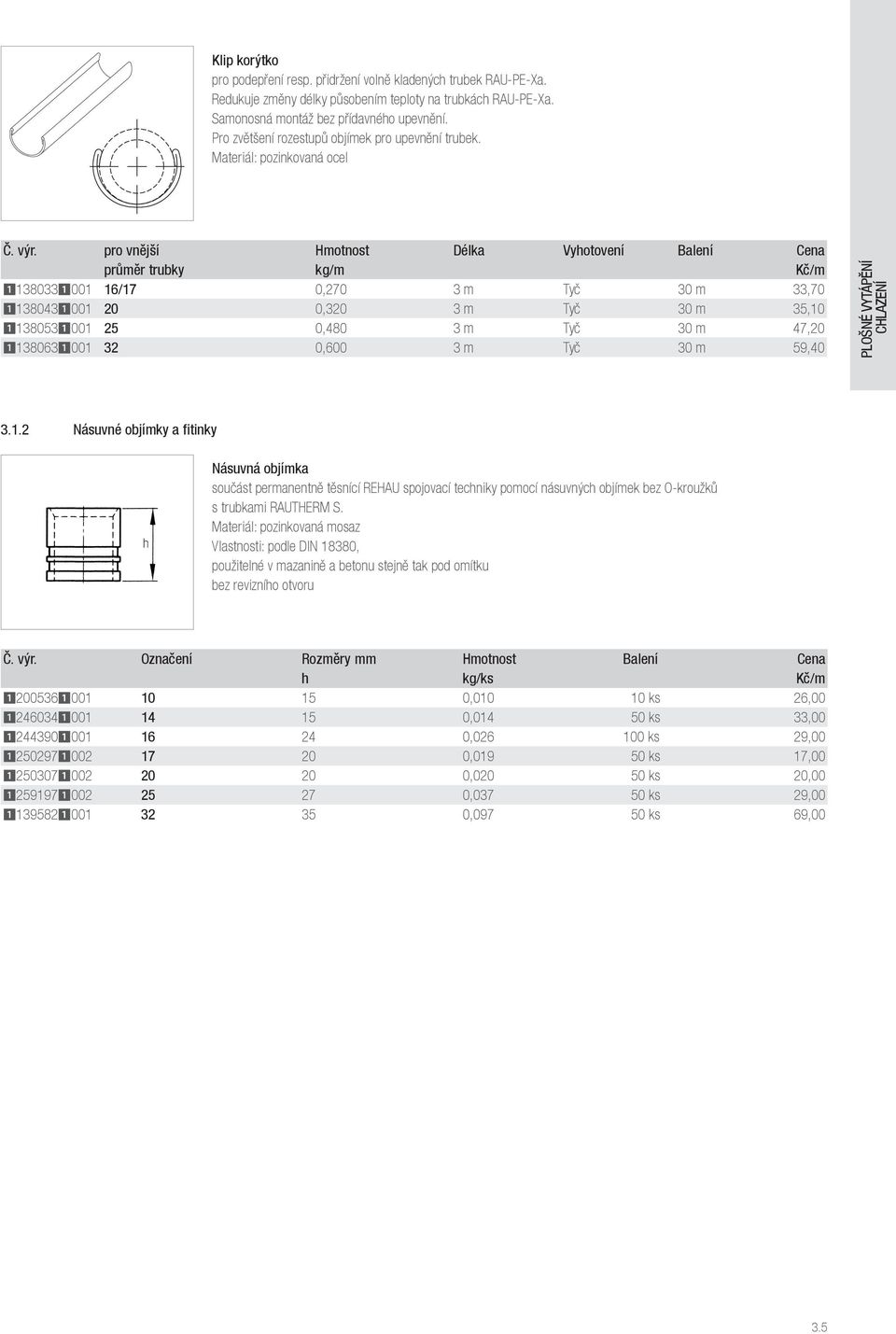 pro vnější Hmotnost Délka Vyhotovení Balení Cena průměr trubky kg/m Kč/m 11380331001 16/17 0,270 3 m Tyč 30 m 33,70 11380431001 20 0,320 3 m Tyč 30 m 35,10 11380531001 25 0,480 3 m Tyč 30 m 47,20