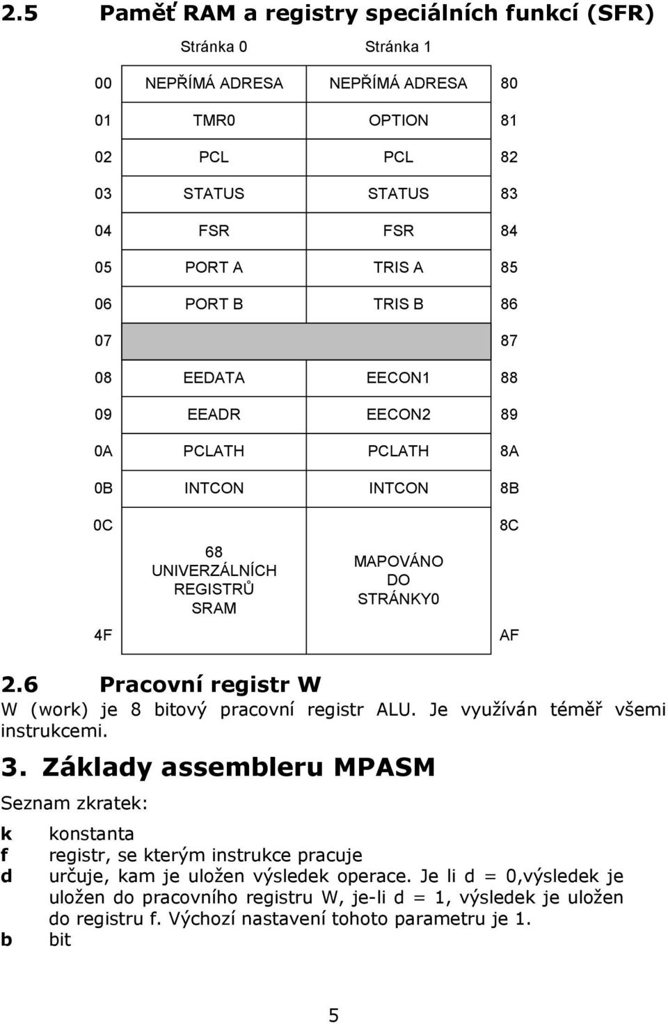 6 Pracovní registr W W (work) je 8 bitový pracovní registr ALU. Je využíván téměř všemi instrukcemi. 3.