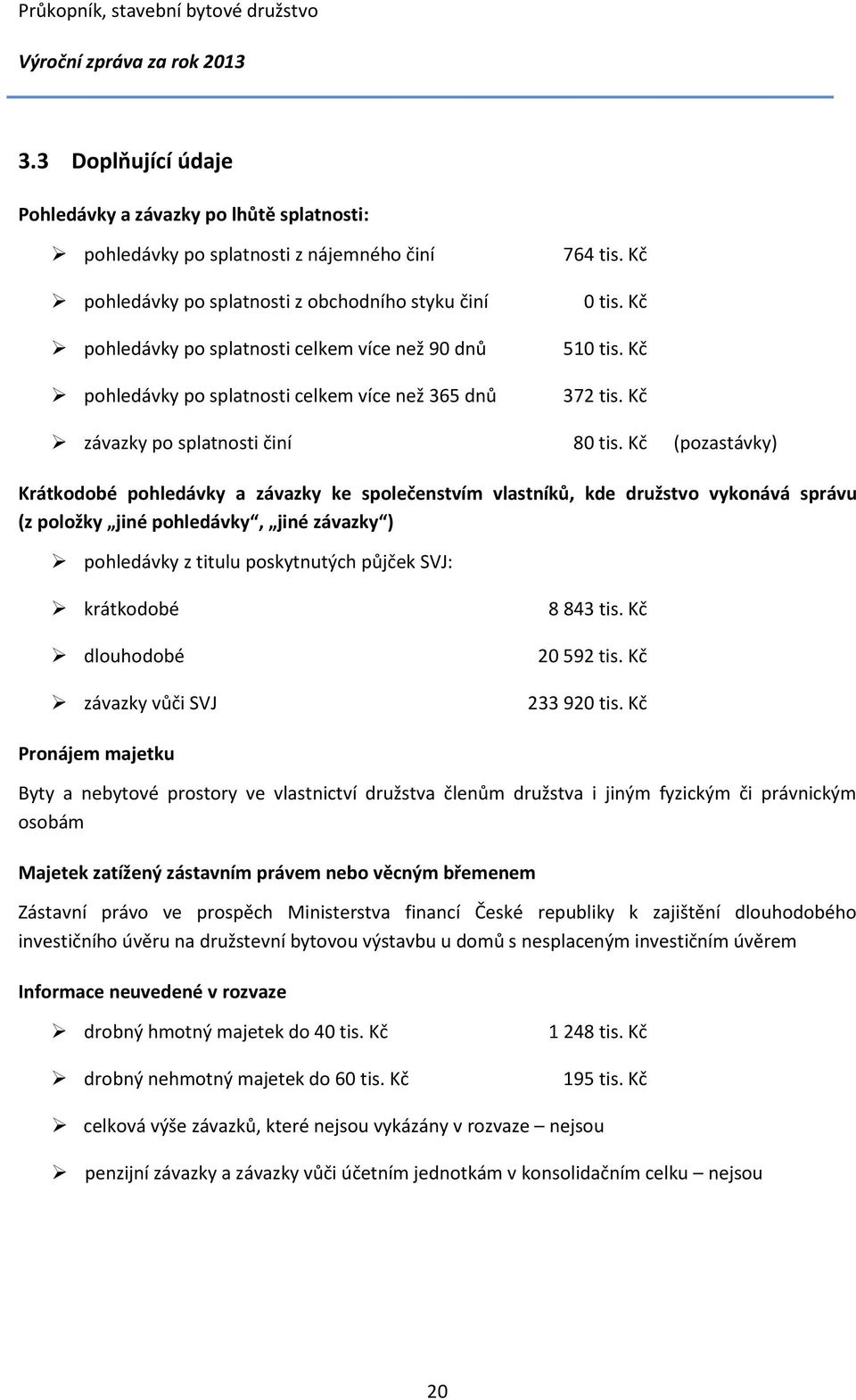 Kč (pozastávky) Krátkodobé pohledávky a závazky ke společenstvím vlastníků, kde družstvo vykonává správu (z položky jiné pohledávky, jiné závazky ) pohledávky z titulu poskytnutých půjček SVJ: