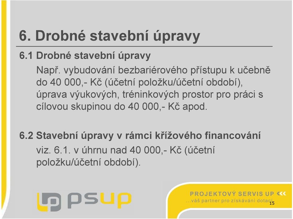 období), úprava výukových, tréninkových prostor pro práci s cílovou skupinou do 40 000,-