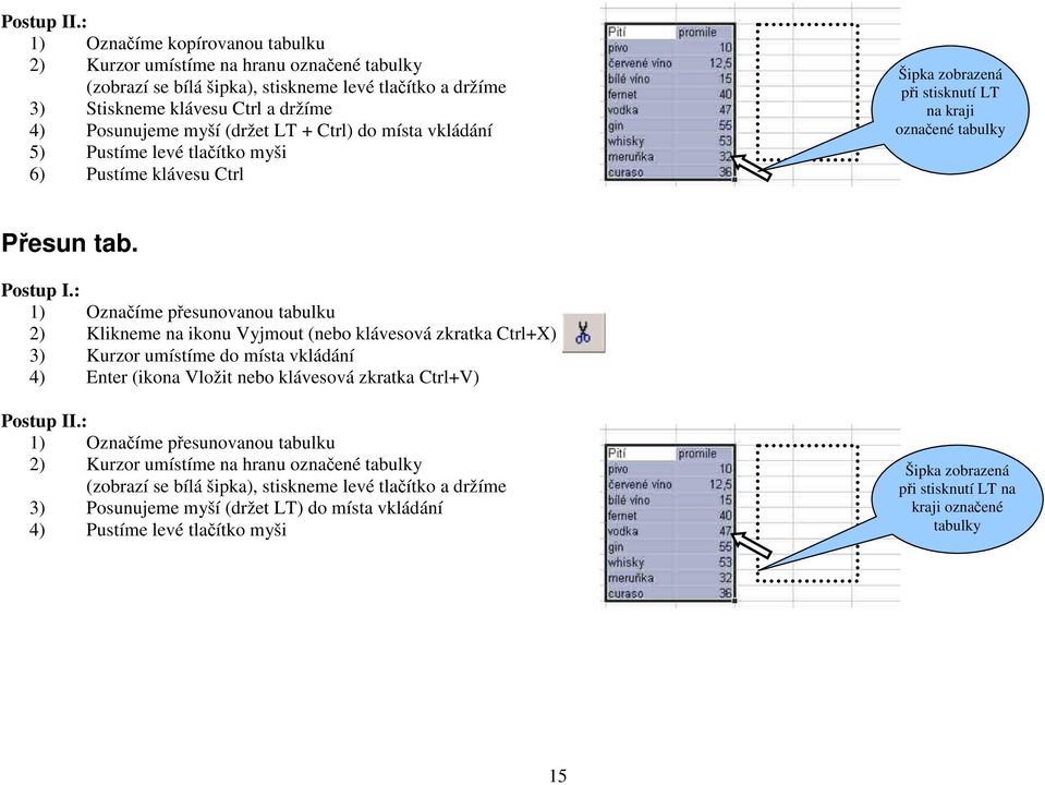 LT + Ctrl) do místa vkládání 5) Pustíme levé tlačítko myši 6) Pustíme klávesu Ctrl Šipka zobrazená při stisknutí LT na kraji označené tabulky Přesun tab. Postup I.