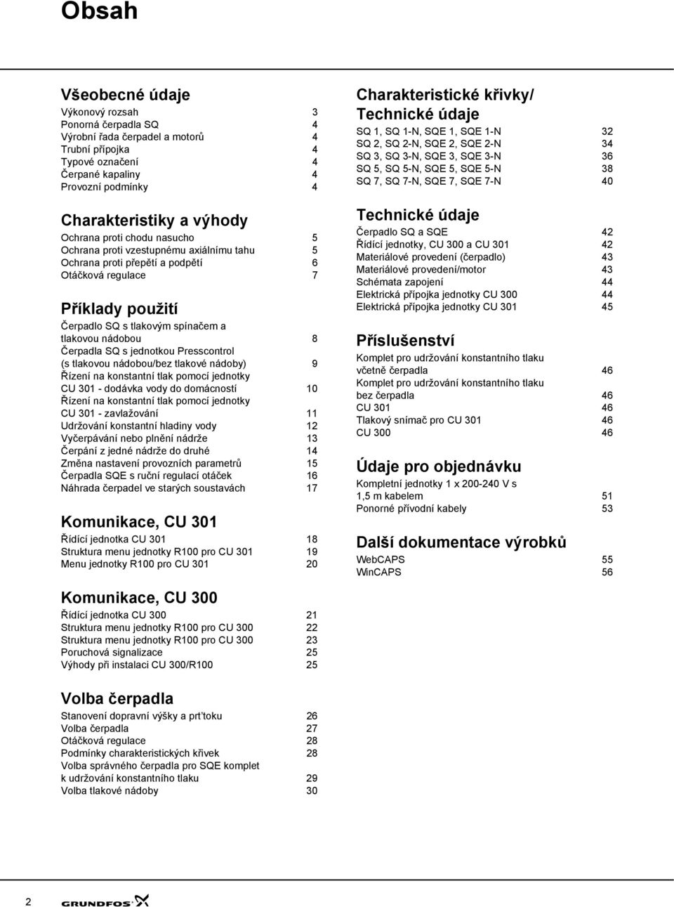 Čerpadla SQ s jednotkou Presscontrol (s tlakovou nádobou/bez tlakové nádoby) 9 Řízení na konstantní tlak pomocí jednotky CU 301 - dodávka vody do domácností 10 Řízení na konstantní tlak pomocí