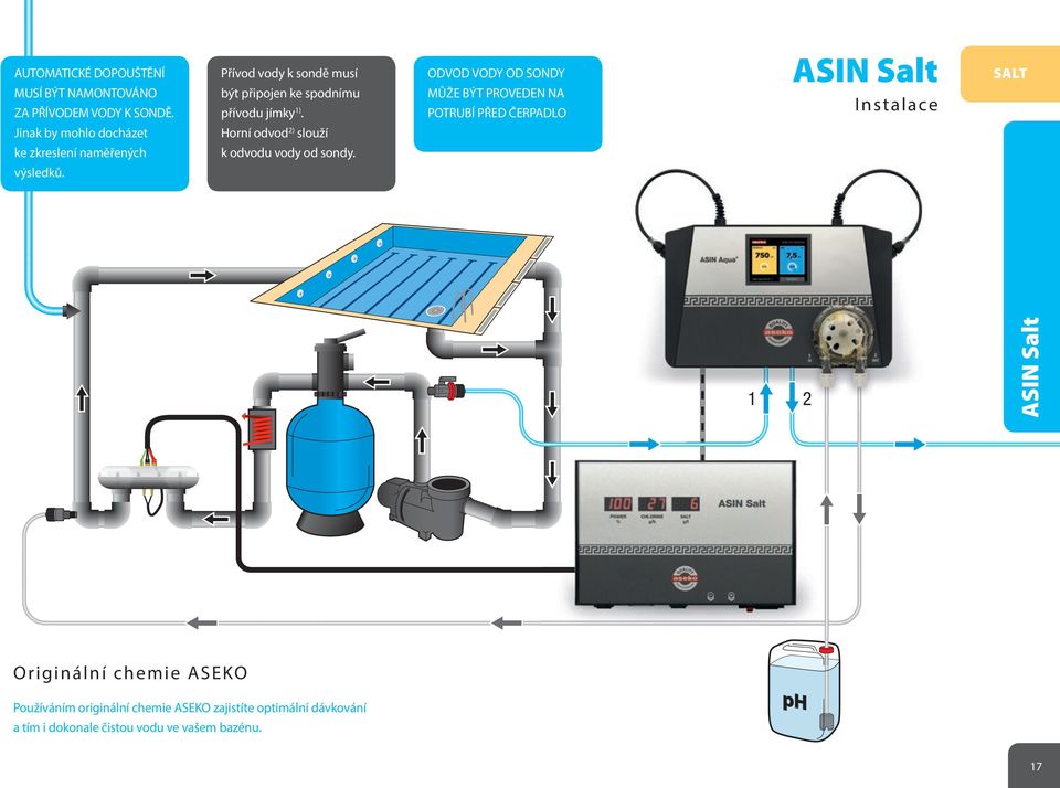 ODVOD VODY OD SONDY MŮŽE BÝT PROVEDEN NA POTRUBÍ PŘED ČERPADLO ASIN Salt Instalace SALT Jinak by mohlo docházet Horní