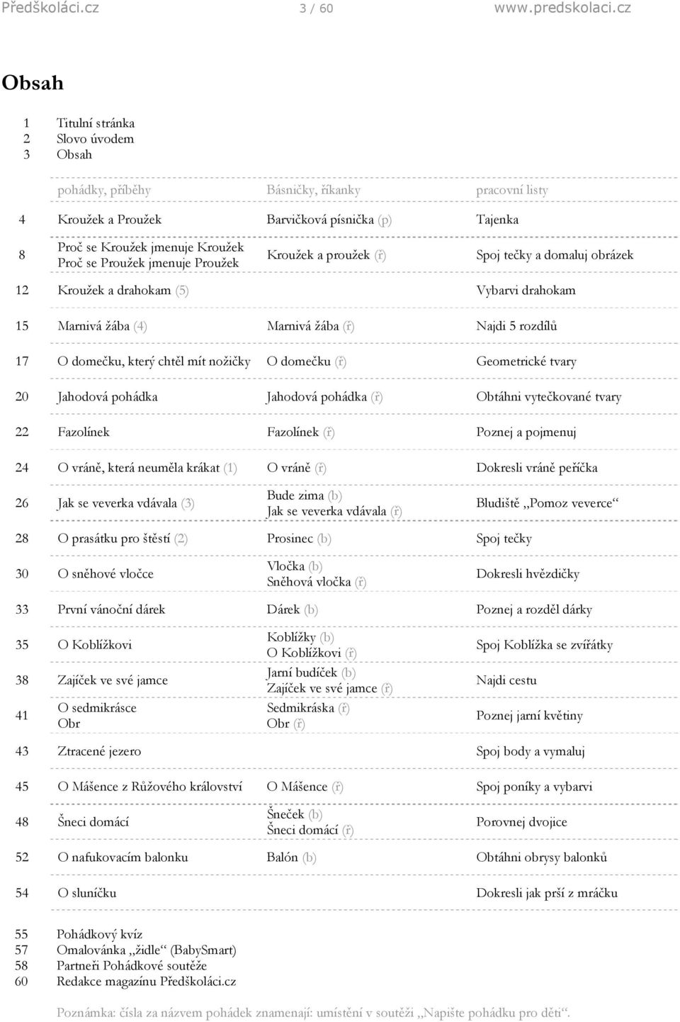 Proužek jmenuje Proužek Kroužek a proužek (ř) Spoj tečky a domaluj obrázek 12 Kroužek a drahokam (5) Vybarvi drahokam 15 Marnivá žába (4) Marnivá žába (ř) Najdi 5 rozdílů 17 O domečku, který chtěl