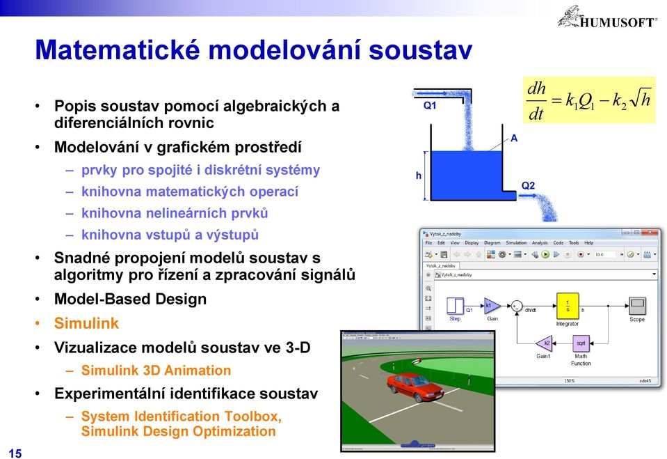 propojení modelů soustav s algoritmy pro řízení a zpracování signálů Model-Based Design Simulink Vizualizace modelů soustav ve 3-D