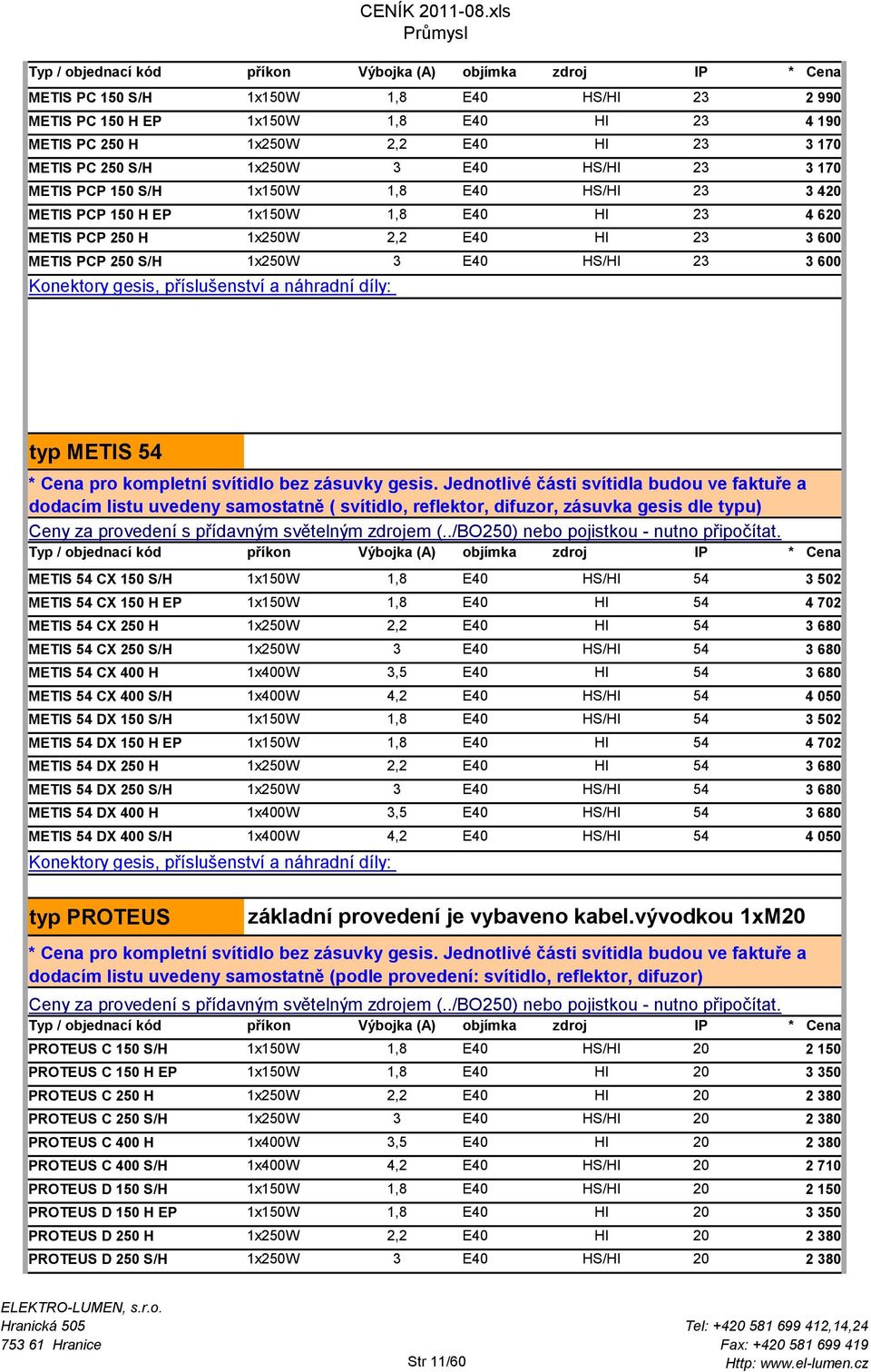 250 S/H 1x250W 3 E40 HS/HI 23 3 600 Konektory gesis, příslušenství a náhradní díly: typ METIS 54 * Cena pro kompletní svítidlo bez zásuvky gesis.