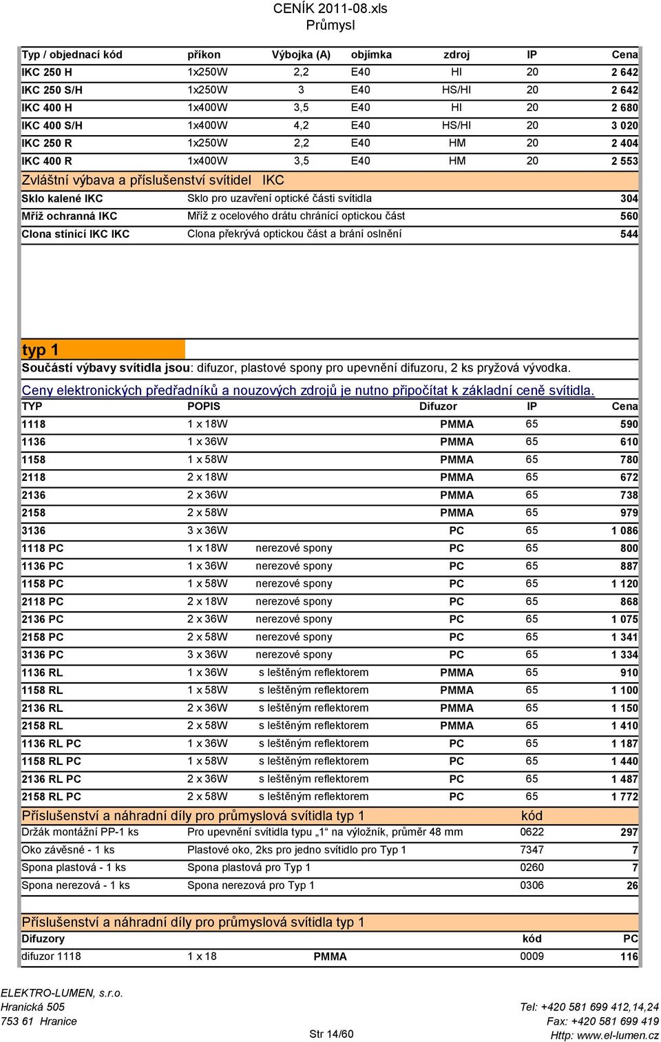 svítidla 304 Mříţ ochranná IKC Mříž z ocelového drátu chránící optickou část 560 Clona stínící IKC IKC Clona překrývá optickou část a brání oslnění 544 typ 1 Součástí výbavy svítidla jsou: difuzor,