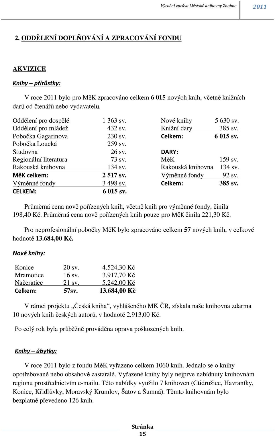 DARY: Regionální literatura 73 sv. MěK 159 sv. Rakouská knihovna 134 sv. Rakouská knihovna 134 sv. MěK celkem: 2 517 sv. Výměnné fondy 92 sv. Výměnné fondy 3 498 sv. Celkem: 385 sv. CELKEM: 6 015 sv.