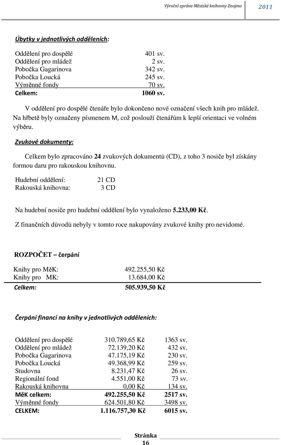 Zvukové dokumenty: Celkem bylo zpracováno 24 zvukových dokumentů (CD), z toho 3 nosiče byl získány formou daru pro rakouskou knihovnu.