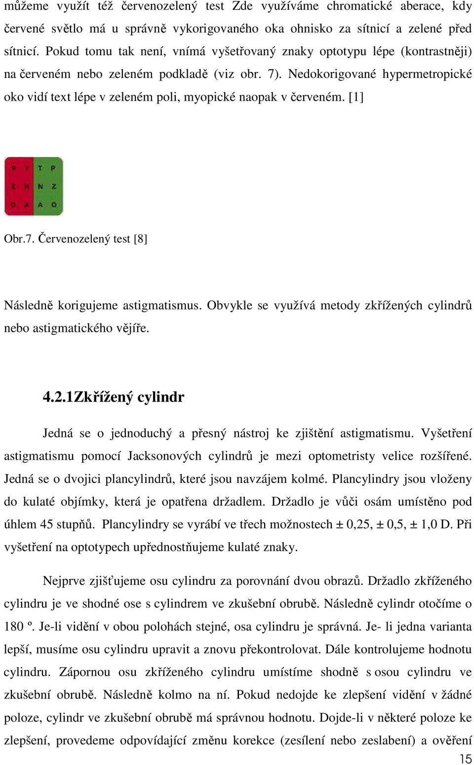 Nedokorigované hypermetropické oko vidí text lépe v zeleném poli, myopické naopak v červeném. [1] Obr.7. Červenozelený test [8] Následně korigujeme astigmatismus.