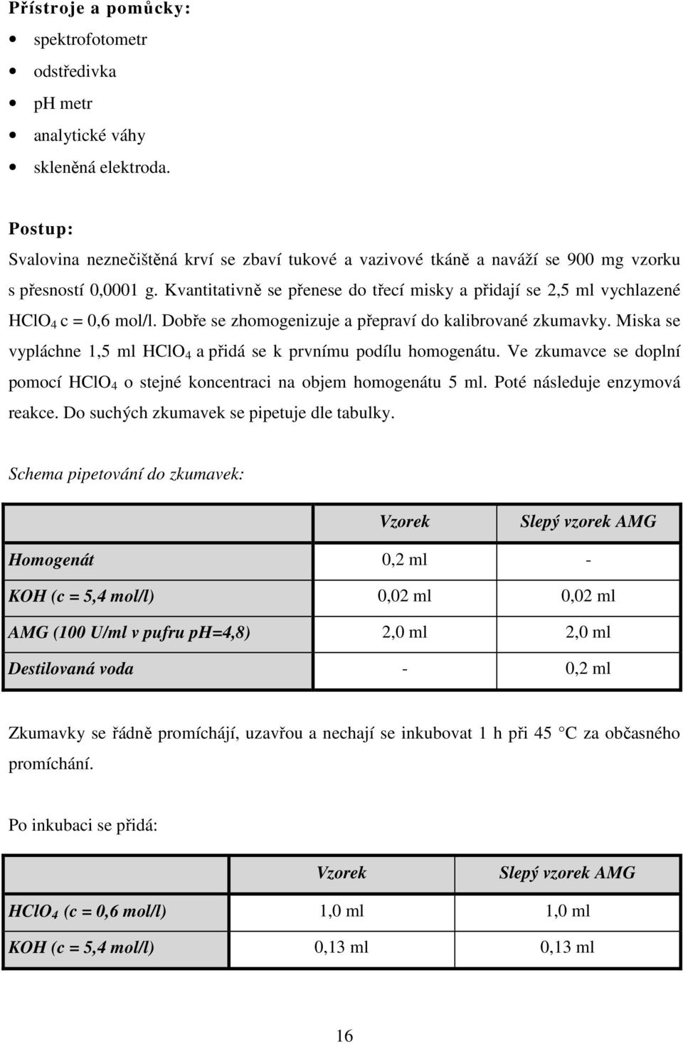 Kvantitativně se přenese do třecí misky a přidají se 2,5 ml vychlazené HClO 4 c = 0,6 mol/l. Dobře se zhomogenizuje a přepraví do kalibrované zkumavky.