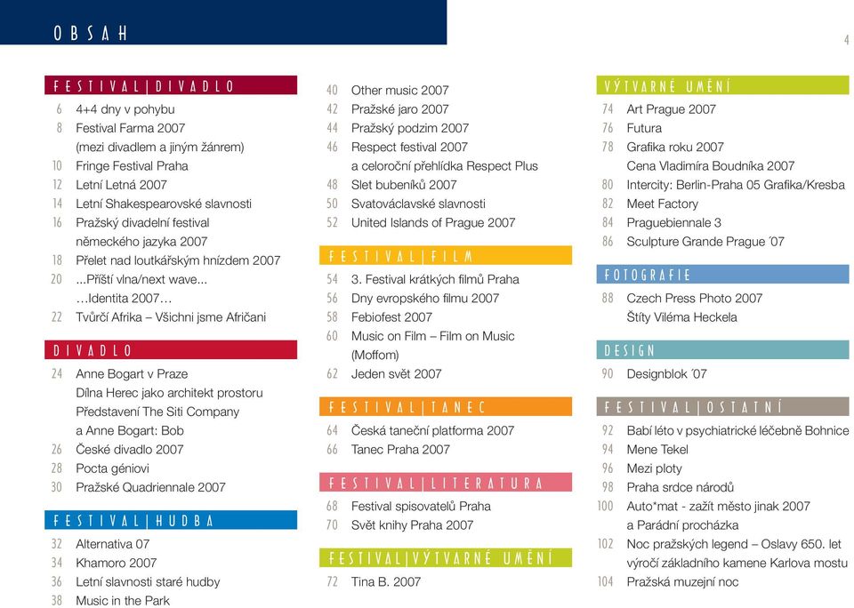.. Identita 2007 22 Tvůrčí Afrika Všichni jsme Afričani D I V A D L O 24 Anne Bogart v Praze Dílna Herec jako architekt prostoru Představení The Siti Company a Anne Bogart: Bob 26 České divadlo 2007