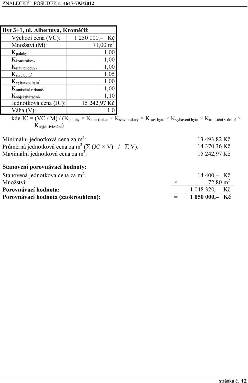 domě : 1,00 K objektivizační : 1,10 Jednotková cena (JC): 15 242,97 Kč Váha (V): 1,0 kde JC = (VC / M) / (K polohy K konstrukce K stav budovy K stav bytu K vybavení bytu K umístění v domě K